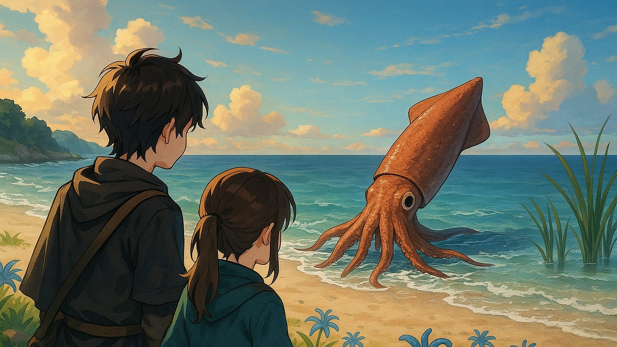 A child watching a giant squid emerge from the ocean on a beach